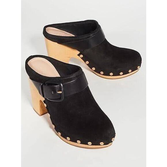 New Veronica Beard Dacey Buckled Strap Studded Black Suede Clog Women's Size 8.5